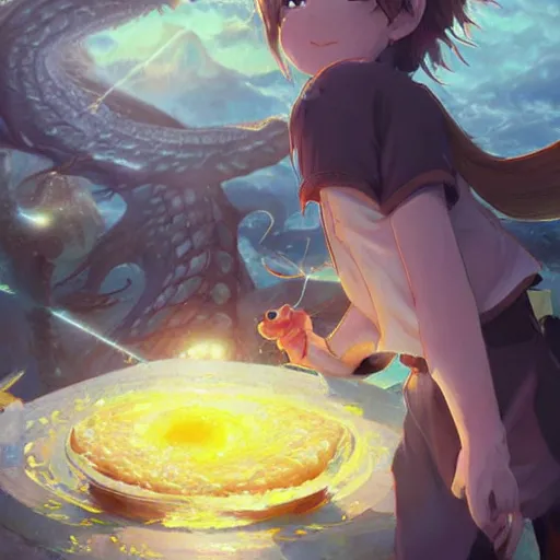 Image similar to Fried eggs made from dragon eggs, fantasy art, art by Makoto Shinkai