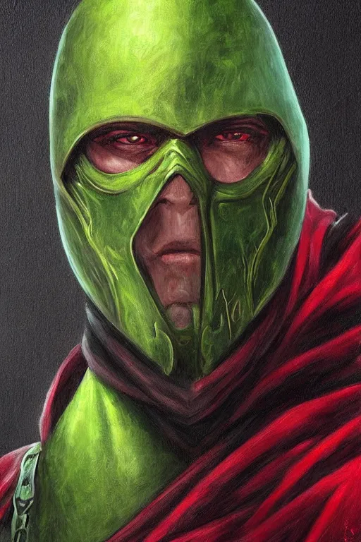 Prompt: portrait of ermac from mortal kombat by wilson mclean, oil painting, sharp focus, masterpiece, highly detailed