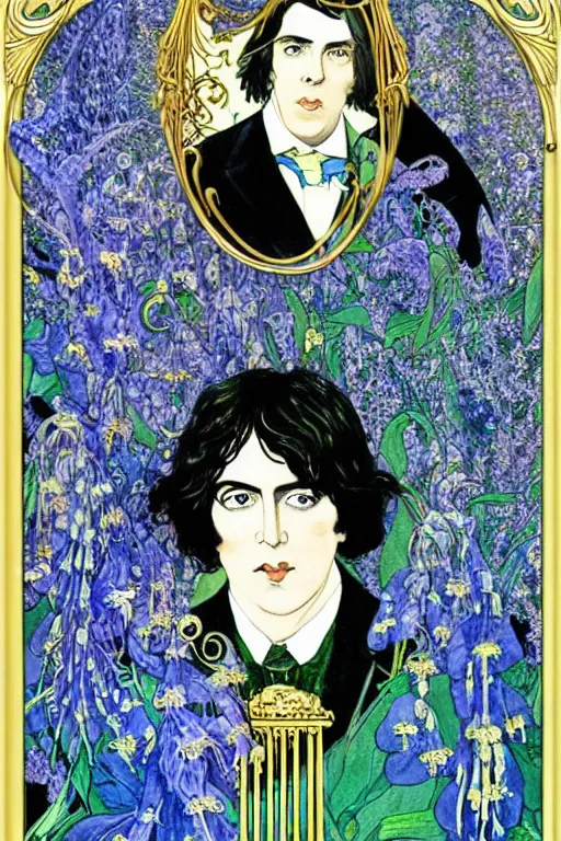 Prompt: realistic portrait of oscar wilde in the center of an ornate victorian gold frame with blue orchids, detailed art by kay nielsen and walter crane, illustration style, watercolor