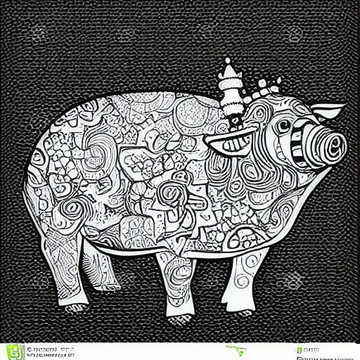 Image similar to full body side view of a pig wearing a crown thick lines black and white logo vector 8k