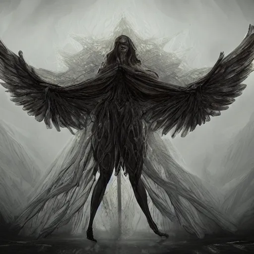 Image similar to giant imposing seraphim with many eyes and many wings, eyes everywhere, hyper realistic, glowing, terrifying, artstation