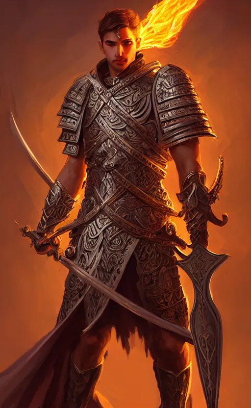 Prompt: male paladin of glory holding flaming sword, d & d, fantasy, intricate and very beautiful and highly detailed, elegant, digital painting, artstation, concept art, matte, smooth and sharp focus, illustration, art by tian zi and wlop and alsphonse mucha and artgerm and greg rutkowski
