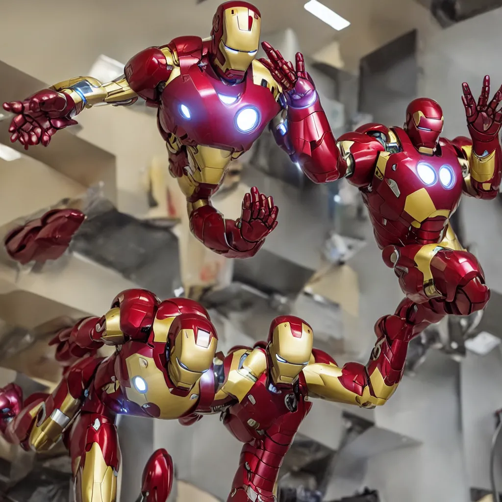 Image similar to Iron Man working as a 7/11 cashier, macro, wide shot, very detailed