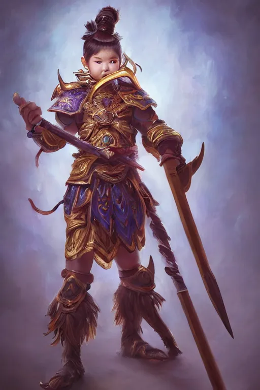 Image similar to a masterpiece portrait of nezha, handsome kid wear holding spear, fantasy character portrait, hyper detailed, digital painting, 8 k realistic, trending on artstation, sharp focus, dof, by ne zha ( 2 0 1 9 ), fenghua zhong, artgerm, ne zha from smite, tsuyoshi nagano, top lighting