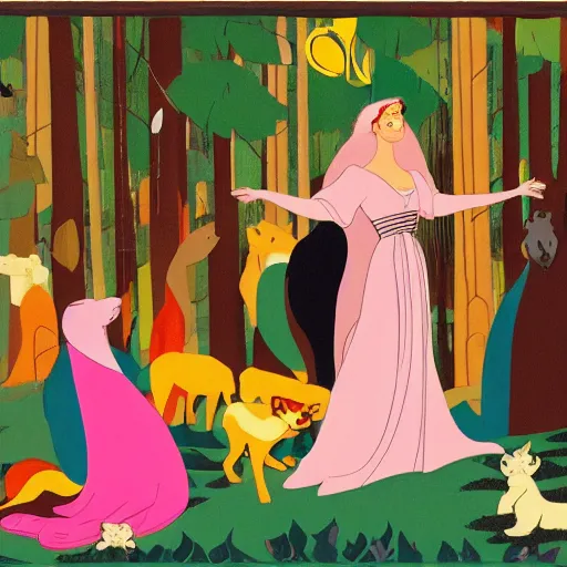 Image similar to A beautiful computer art of Princess Aurora singing in the woods while surrounded by animals. She looks so peaceful and content in the company of the animals, and the colors are simply gorgeous. cutaway by Jacob Lawrence flowing, random