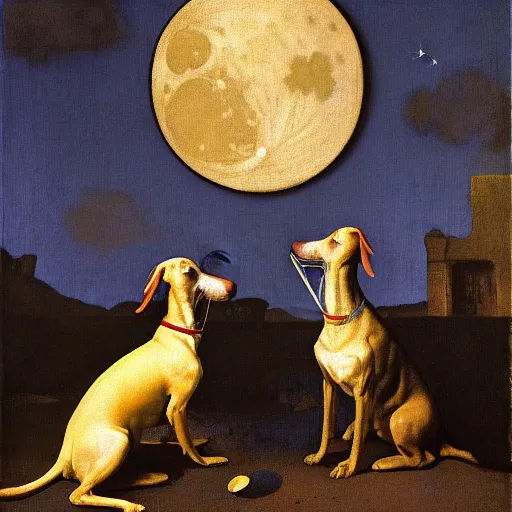 Prompt: a painting by johannes vermeer of two whippets howling at the moon while standing in between two towers. rain falls from the moon. in the foreground a crayfish emerges from water.