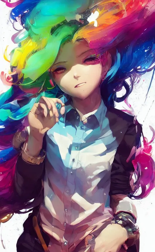 Image similar to a kawaii woman with rainbow hair smiling, kawaii shirt and jeans, In style of Yoji Shinkawa, wojtek fus, by Jordan Grimmer and greg rutkowski, concept art, highly detailed