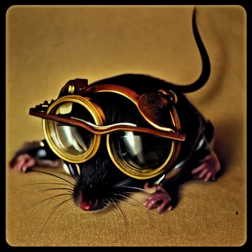 Image similar to a rat with steampunk googles, by burns jim