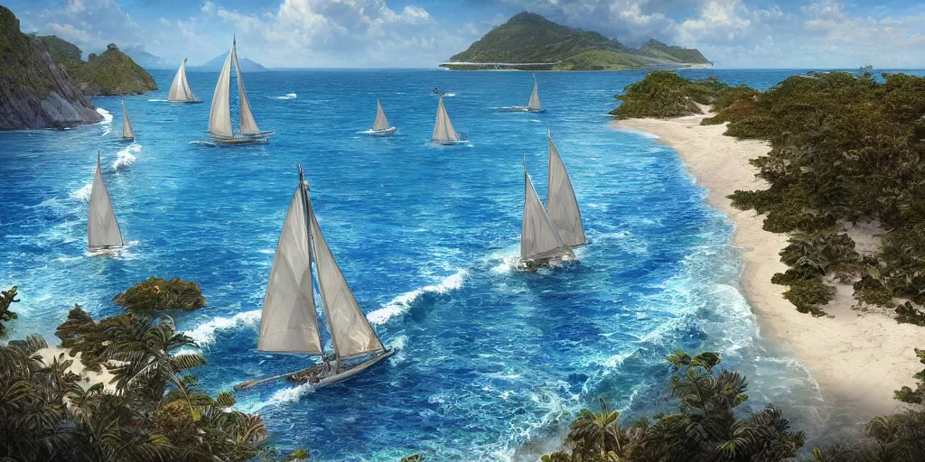 Image similar to ultra realistic illustration,, a beach in tanzania with sailboats in the distance, tropical blue water intricate from baldurs gate, elegant, highly detailed, digital painting, artstation, concept art, smooth, sharp focus, illustration, art by artgerm and greg rutkowski and alphonse mucha