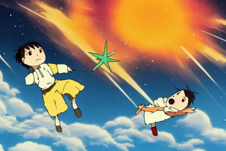 Image similar to a shooting star alone in the sky of an unknown universe in the style of hayao miyazaki