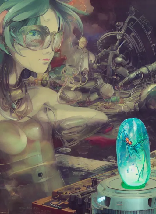 Image similar to surreal gouache painting, by yoshitaka amano, by ruan jia, by Conrad roset, by good smile company, detailed anime 3d render of transparent resin egg with a magical dragonfly inside. Surrounded by a big DJ Mixer, deck, portrait, cgsociety, artstation, rococo mechanical and Digital and electronic, dieselpunk atmosphere