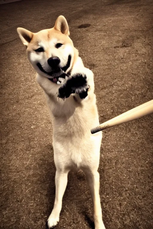 Image similar to 📷 shiba _ inu wielding baseball _ bat, canine photography, dramatic shot, very detailed, 4 k ✨