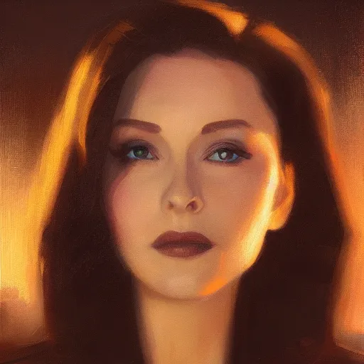 Image similar to closeup portrait of a young vivian leigh, seductive smile, chiaroscuro, city background, golden hour, dramatic lighting, warm cold contrast, high detail, painted by greg rutkowski, painted by igor kieryluk, trending on artstation