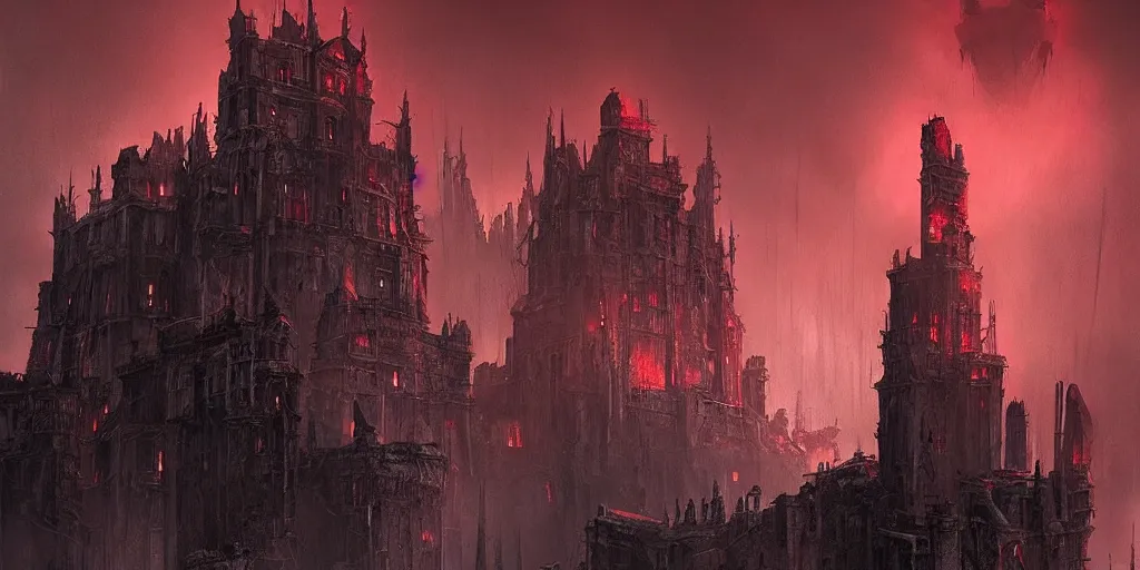 Image similar to grimdark fantasy fortress, terrifying architecture, looming, dark, fog, atmospheric red lighting, flying chaos creatures, dark souls, hyperrealistic, art by sparth