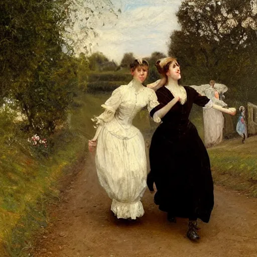 Image similar to young victorian man and woman traversing a maze, painted by alfred stevens