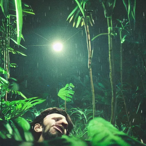 Image similar to portrait of a mad high guy on drugs in the middle of a blue jungle at night in rain photographed by Andrej Tarkovsky, kodak 5247 stock