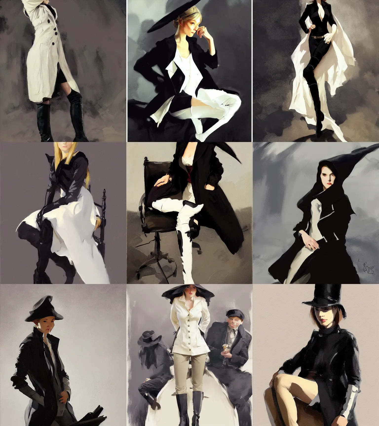 Image similar to black white cloth fabric jodhpurs knee high boots travel coat fashion, portrait in sitting pose, greg manchess painting by sargent and leyendecker, studio ghibli, fantasy, asymmetrical, intricate, elegant, matte painting, illustration, hearthstone, by greg rutkowski, by greg tocchini, by james gilleard, by joe fenton