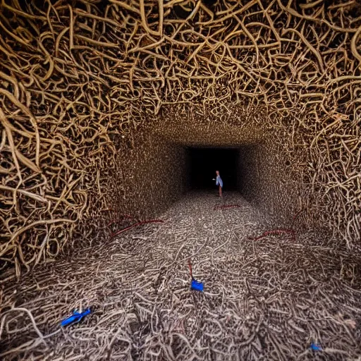 Prompt: interior of a huge ant nest tunnel where some humans are living. the humans are wearing realistic ant costumes