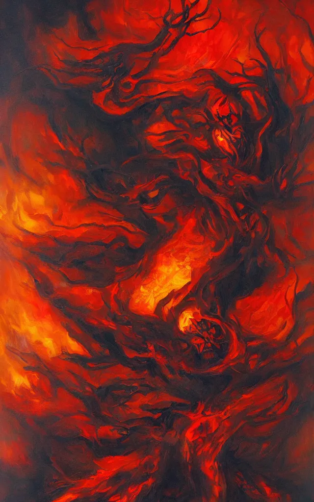 Prompt: red king of the amber mythos fallen celestial spirit, award winning oil painting, sharp color palette