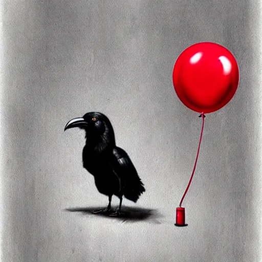 Image similar to surrealism grunge cartoon portrait sketch of a raven with a wide smile and a red balloon by - michael karcz, loony toons style, pennywise style, horror theme, detailed, elegant, intricate