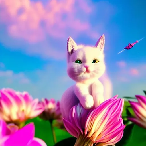 Image similar to very cute and tiny unicorn cat on Dahlia flower flying, pink cloudy in blue sky background, pixar style, cinematic lightning, award winning creature photography