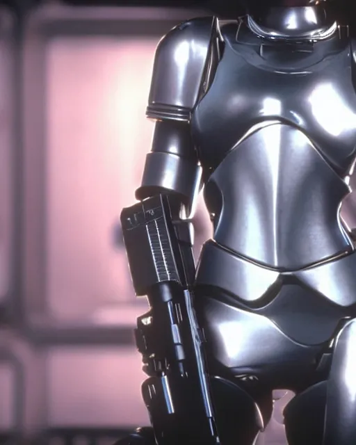 Prompt: film still close - up shot of 2 b nier automata as robocop from the movie robocop. photographic, photography