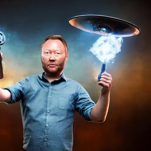 Image similar to limmy brian limond holding element 1 1 5, realistic, wide shot, dramatic lighting, hyper realistic, high quality, highly detailed, hd, beautiful, cinematic, 8 k, unreal engine, facial accuracy, symmetrical,