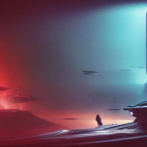 Image similar to cinematic view, giant futuristic cyberpunk spacecraft with small character silhouette in the foreground, blade runner, dense fog, bloom, cinematic lighting, ultra detailed, trending on artstation, dune style, mid tone, denis villeneuve