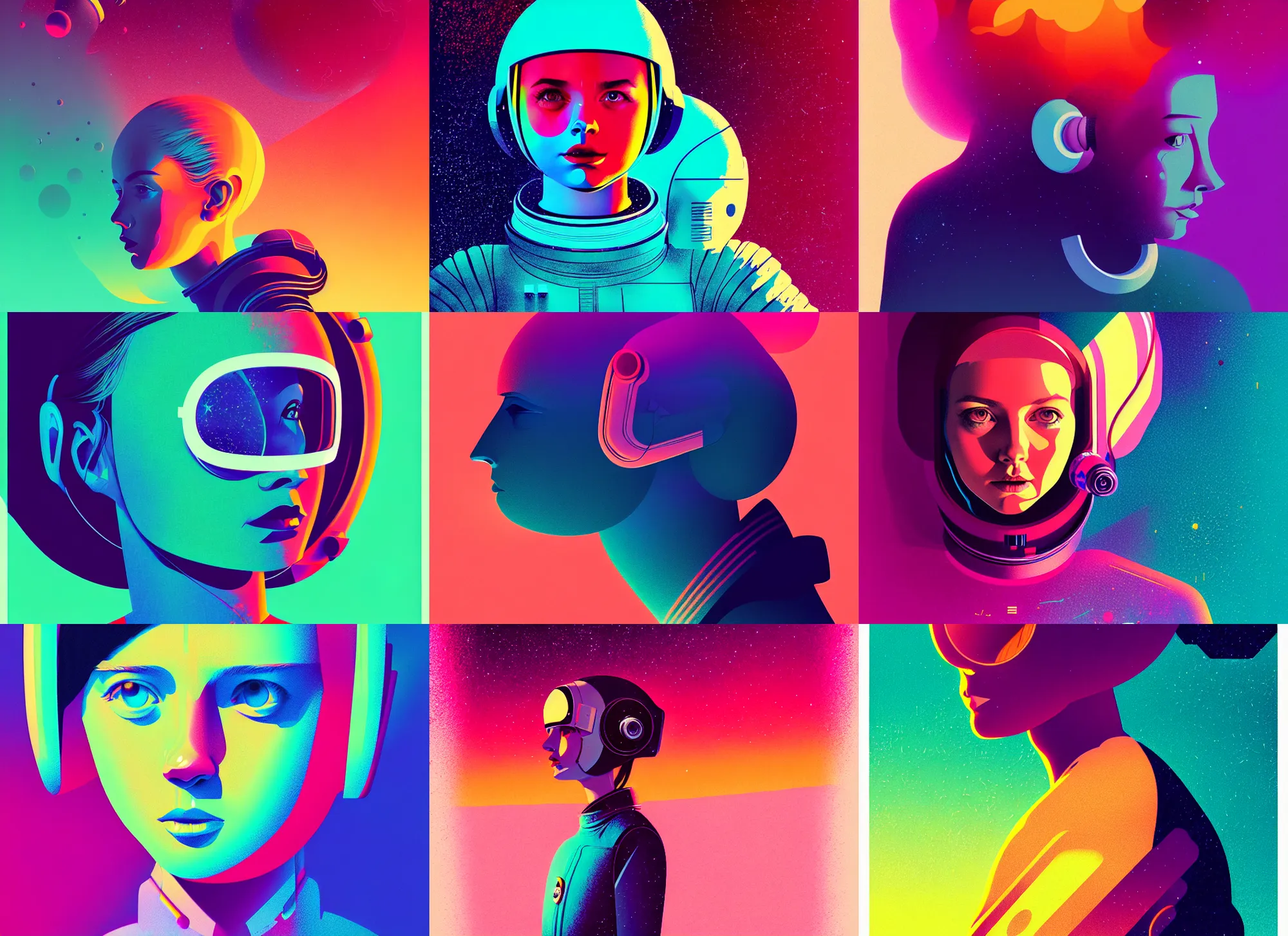 Prompt: ( ( dither ) ), editorial illustration portrait of a young astronaut girl, colorful modern, mads berg, karolis strautniekas, christopher balaskas, fine texture, dynamic composition, detailed, matte print, dynamic perspective, muted color, lomography, ( ( risograph ) )