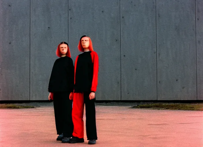 Image similar to cinestill 5 0 d closeup photographic portrait of two clones in front of a brutalist metal building, techwear women, on a desolate plain, red sky, black oversized clothes, depth of field, 4 k, 8 k, hd, full color