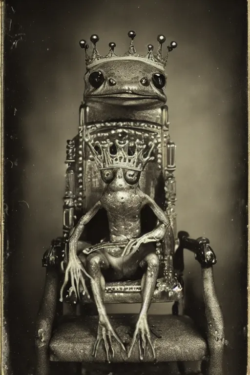 Image similar to a wet plate photo of an anthropomorphic frog king sitting on a throne