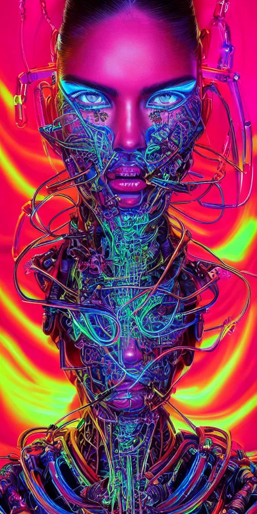 Prompt: Portrait of Sara Sampaio wearing epic bionic cyborg implants of different vibrant neon colors, detailed intricate ornate cables connected to head, portrait front face reference, by Dan Mumford and Naoto Hattori, extremely beautiful and proportionate, masterpiece, intricate, highly detailed, digital painting, Matrix Theme, artstation, concept art, crepuscular rays, smooth, sharp focus, illustration, background made from fractals of vibrant universe stars, cyberpunk colors, volumetric lighting, art by artgerm and james jean and Nick Sullo