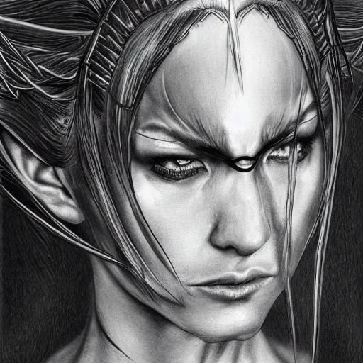 Image similar to a game art portrait, powerful female angry fantasy elf witch, by Takehiko Inoue, hyperrealism