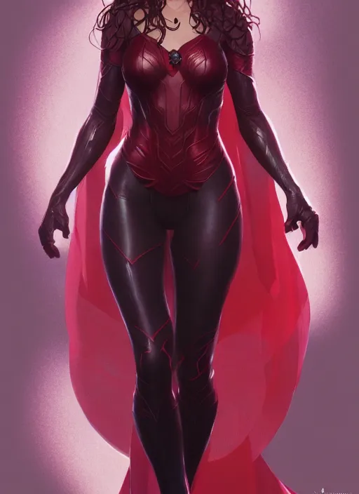 Image similar to Scarlet Witch, full body portrait, hyper detailed, digital art, trending in artstation, cinematic lighting, studio quality, smooth render, unreal engine 5 rendered, octane rendered, illustration, art style by klimt and krenz cushart