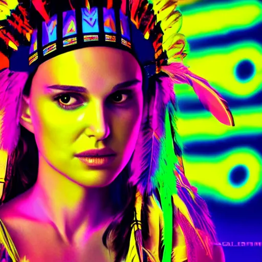 Image similar to natalie portman wearing native american headdress in a neon synthwave style, 4 k, 8 k, backlit, beautiful, magical, trending digital art portrait