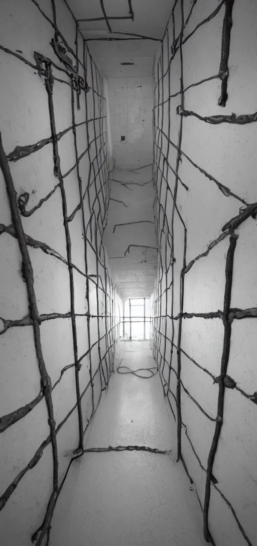 Prompt: a white claustrophobic prison cell,