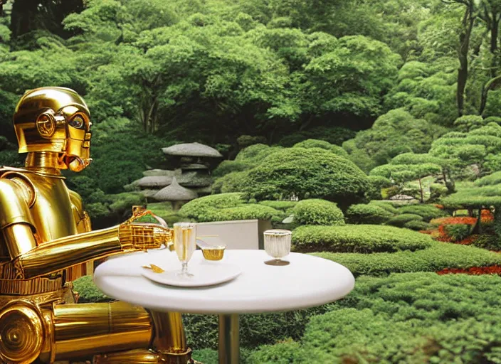 Prompt: C-3PO sitting at a bistro table in a lush japanese garden, still from star wars, shot on film, close up, depth of field, nature show, incredible detail, dramatic lighting