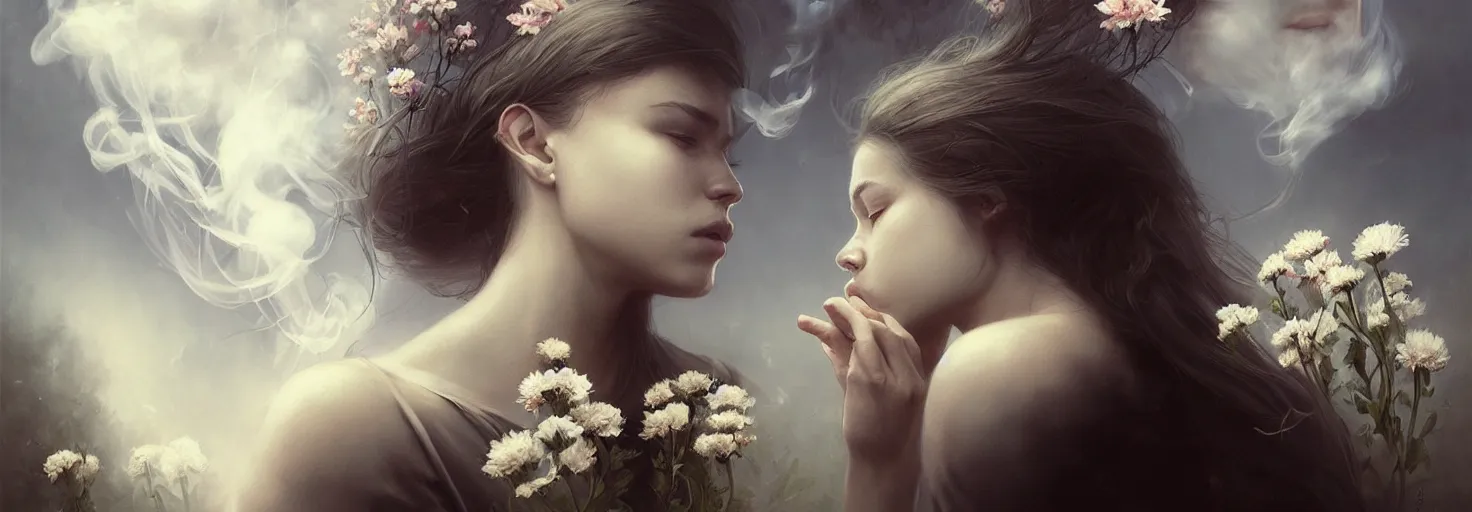 Image similar to young maren looks at the sky from behind the guy's mouth, a puff of smoke falls, the guy's flowers are large, with soft line, symmetrical patterns, in style marco mazzoni, greg rutkowski, artgerm
