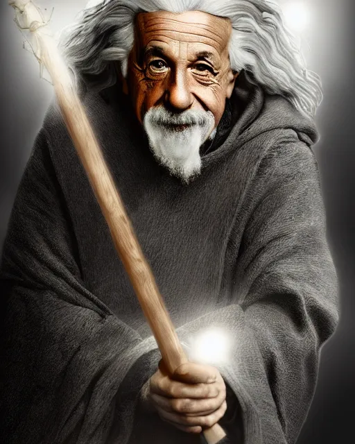Image similar to Albert Einstein as Gandalf, Lord of the Rings, elegant robe, portrait art, wooden glowing staff, dark fantasy forest, fine details, perfect, 8k high detail, masterpiece, trending on ArtStation