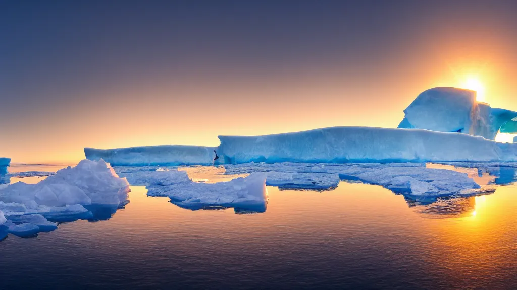 Image similar to photo of the most beautiful panoramic landscape, where a giant iceberg is lost in middle of the artic ocean, a giant penguin is exhaling steam while walking over the iceberg, there is nothing else, the artic ocean is reflecting the giant penguin over the iceberg and the ray lights of the sunset are brightening him, award winning photo, minimal style, by frans lanting