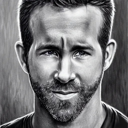 Image similar to photorealistic up close hand drawing of ryan reynolds face, oil painting, photorealism, photorealistic, hand drawn, black and white, hyper detailed, ultra detailed, detailed, realism, realistic, 8 k, upclose, up - close