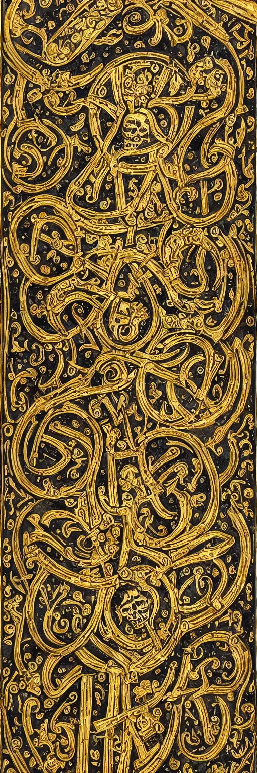 Prompt: magical medieval scroll containing many complex gold inlay symbols and luminous sigils and one a single punisher skull emblem. detailed, high art, intricate, artisan