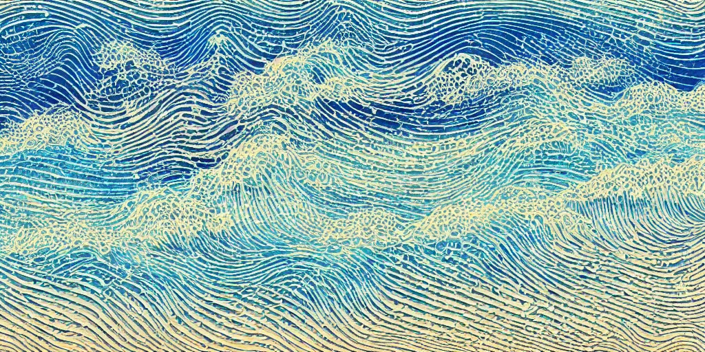 Prompt: Richly textured clouds and waves, An aesthetically pleasing, dynamic, energetic, lively, complex, intricate, detailed, well-designed digital art of a beach, ripples, waves, sea foam, light and shadow, overlaid with aizome patterns, Shin-hanga by Bob Ross, traditional Japanese colors, superior quality, masterpiece, featured, trending, award winning, HDR, HD, UHD, 4K, 8K, anamorphic widescreen