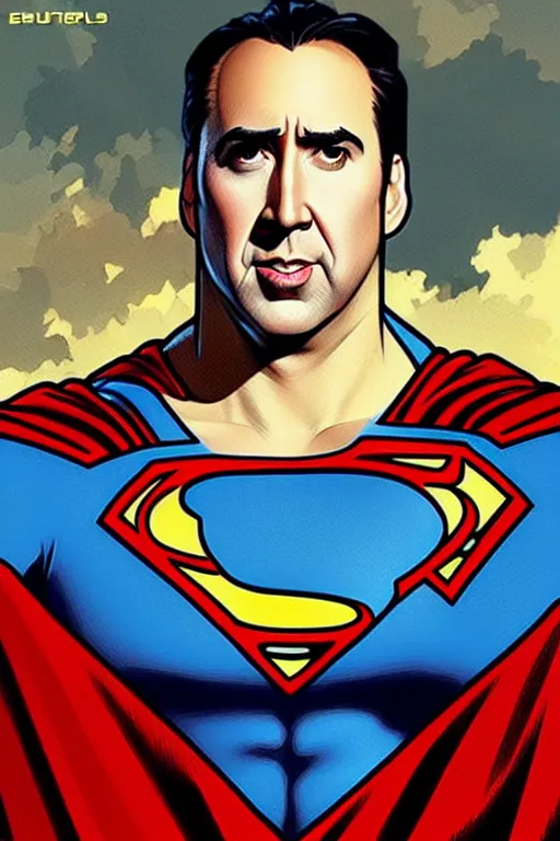 Image similar to nicholas cage as superman, in the style of art by artgerm and greg rutkowski and alphonse mucha