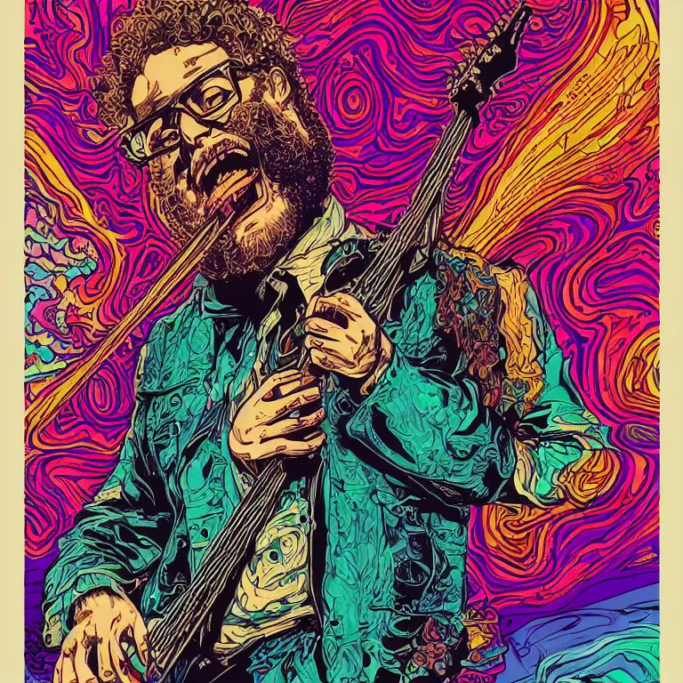 Prompt: beautiful colorful hyperrealist highly detailed psychedelic music poster'zombie seth rogen ', psychedelic art nouveau, beautiful high contrast colored wood engraving, moebius comic style, shocking detail trending on artstation 8 k