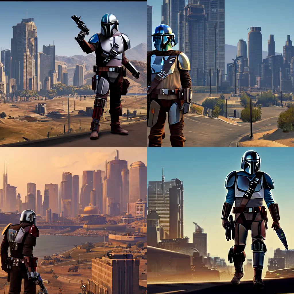 Prompt: The Mandalorian in GTA V, epic, cover art by Stephen Bliss,trending on artstation, no text, City Skyline in the Backround