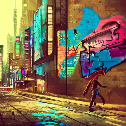 Image similar to beautiful graffiti on a wall, cyberpunk city, happy mood, futuristic, high detail, sunset, photorealistic