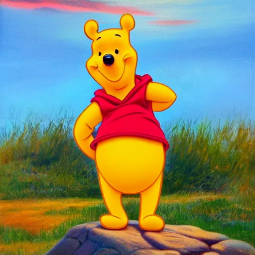 Image similar to winnie the pooh standing on a hill with sunset in background, oil painting, highly detailed