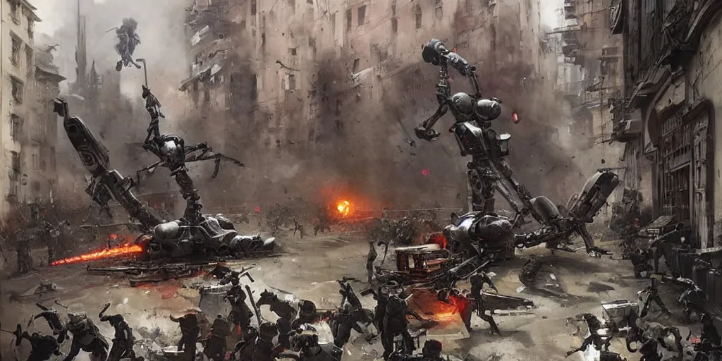 Prompt: spider robots terrorise streets of weimar berlin and attack freikorps soldiers and civilians, detailed painting, intense heavy street battle, bullet hell, pile of bodies, art by greg rutkowski and jakub rozalski