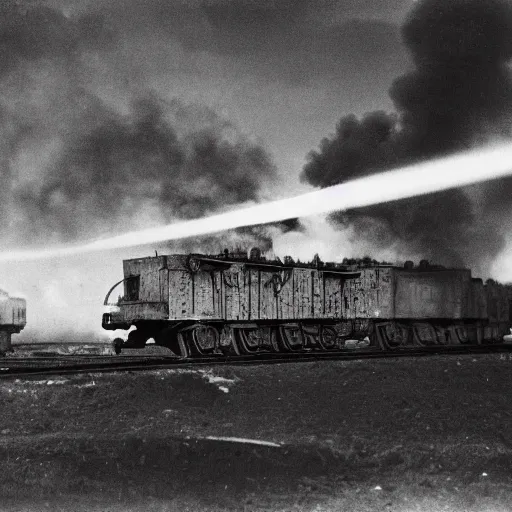 Image similar to A heavily armored war train breaking a steel wall in a battlefield, black and white futuristic photograph